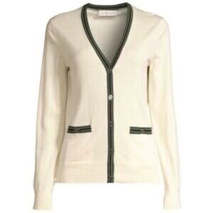 Tory Burch Madeline Merino Wool V-Neck Ivory Cardigan Green Black Trim S